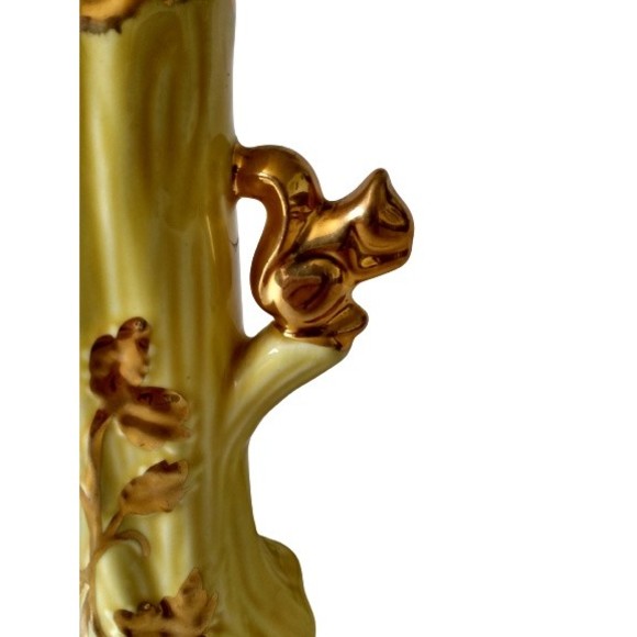 Yellow Ceramic Tree Trunk 22K Gold Trim Squirrel & Leaf Design Flower Bud Vase - Picture 3 of 4